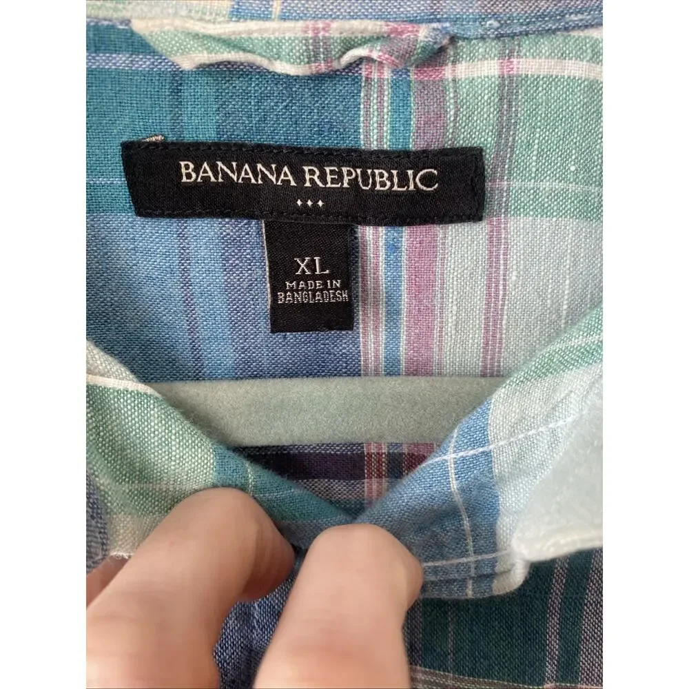 Banana Republic Shirt Mens XL Green Blue Plaid Linen Long Sleeve Office Preppy